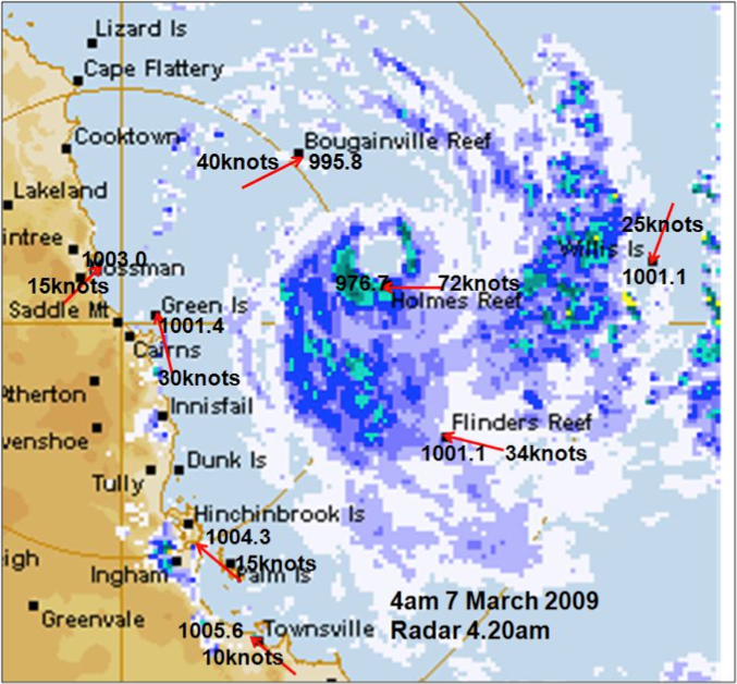 Radar image of Cyclone Hamish combined with wind measurements at 4am, 7 March 2009
